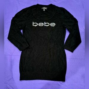 Bebe Crystals Logo Black Round Neck Lightweight Sweater - Small.